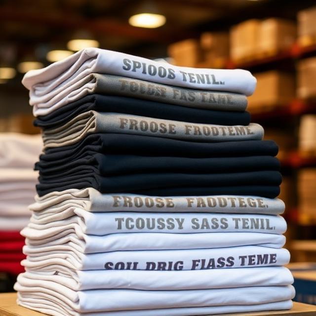 Stacks of folded, retail-ready printed t-shirts