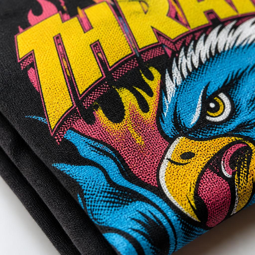 Vivid multi-color screen print detail on a heavyweight tee