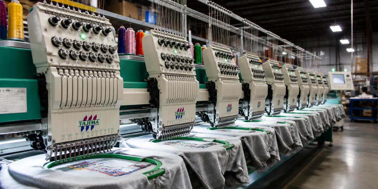 Row of multi-head Tajima embroidery machines in operation