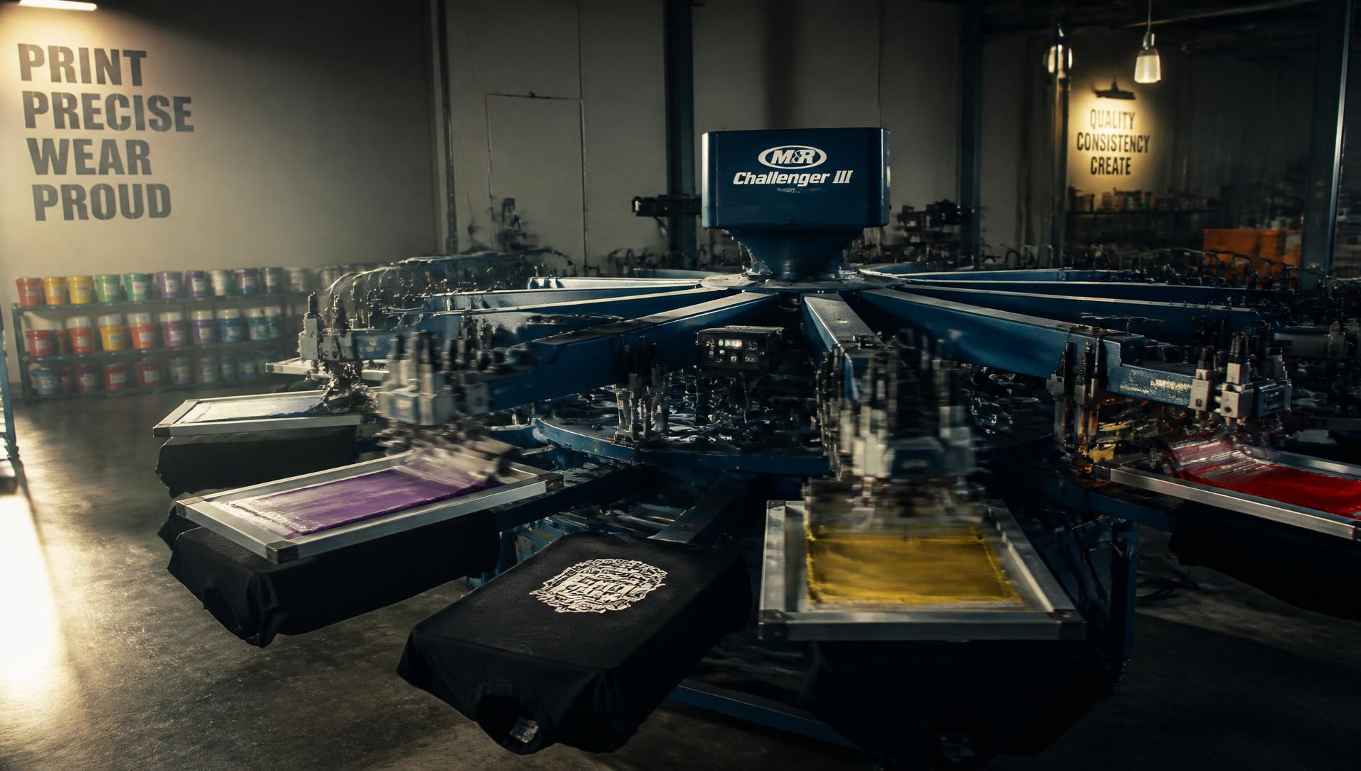 Multi-head automatic screen printing press on the Pro Contract Apparel production floor